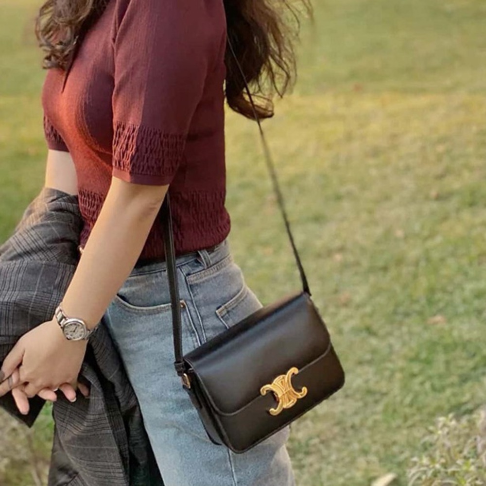 New! MSRP $4250 Authentic CELINE TRIOMPHE BAG IN BLACK Shiny Calfskin BLACK